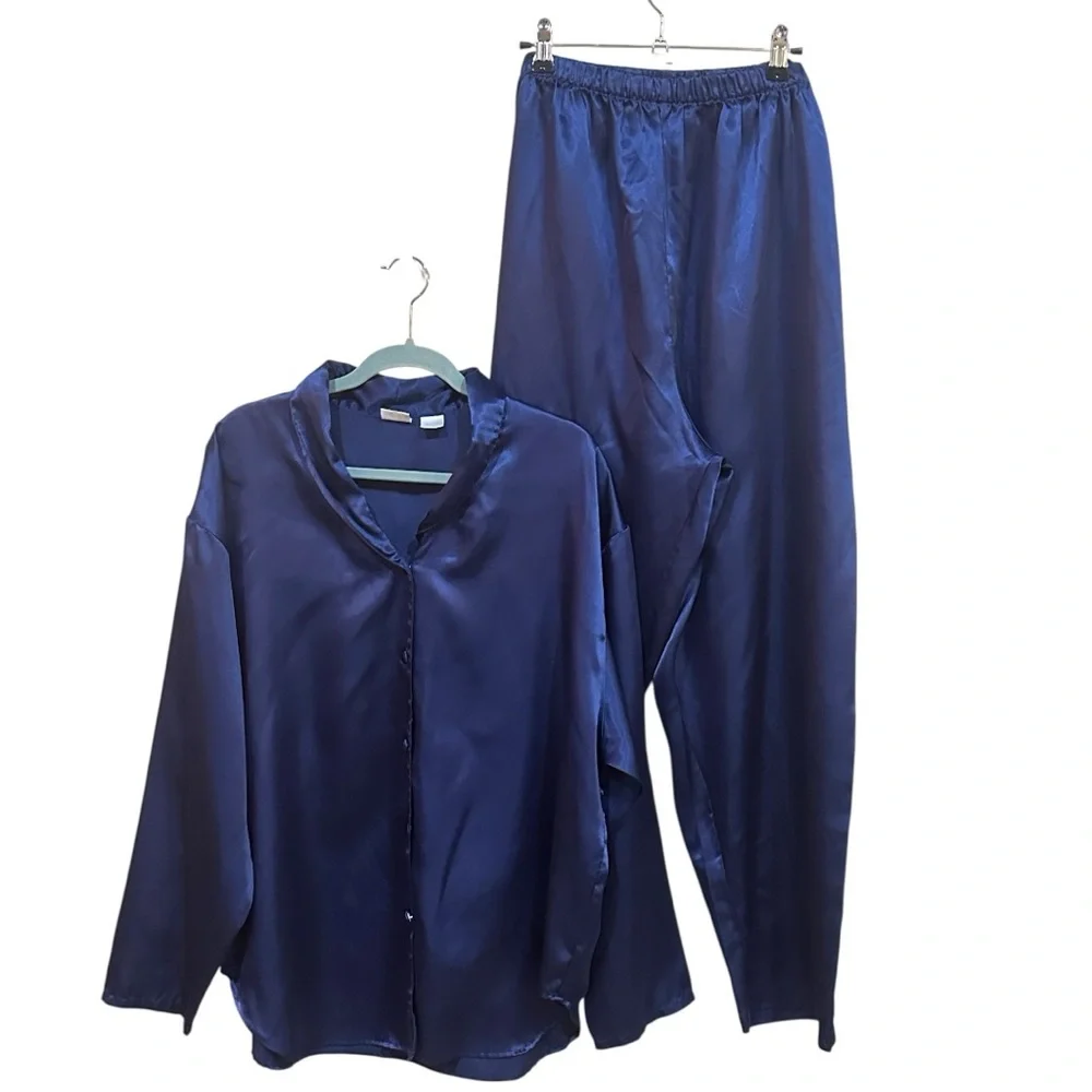 Navy Blue Satin 2-pc Pajama Set | Long Sleeve Top & Full-Length Pants 1X